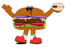 Burger character in retro cartoon style. Hamburger with funny facial expression, arms and legs. Fast food character vector illustration in flat style.