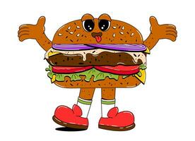 Burger character in retro cartoon style. Hamburger with funny facial expression, arms and legs. Fast food character vector illustration in flat style.