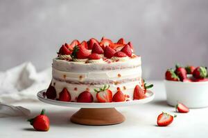 Delicious strawberry biscuit cake torte dessert with fresh berries and butter cream on concrete background. Ai generated. photo