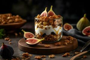 Yogurt granola parfait with sliced nuts and fresh figs fruits in a glass jar on dark background. Generative AI. photo