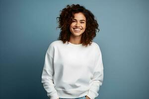 Young woman wearing white sweatshirt mockup, at dark blue background. Design pullover template, print presentation mock-up. Generated AI. photo