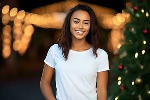 Young woman wearing bella canvas white shirt mockup, at festive christmas background. Design tshirt template, print presentation mock-up. AI Generative photo