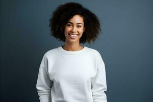 Young woman wearing white sweatshirt mockup, at dark blue background. Design pullover template, print presentation mock-up. Generated AI. photo