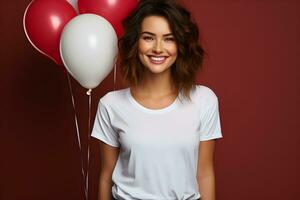 Young woman wearing bella canvas white shirt mockup, red background with balloons. Valentines day or birthday design tshirt template, print presentation mock-up. AI Generative photo