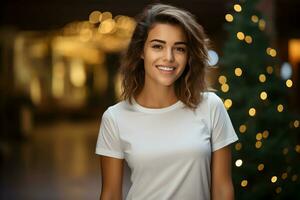 Young woman wearing bella canvas white shirt mockup, at festive christmas background. Design tshirt template, print presentation mock-up. AI Generative photo