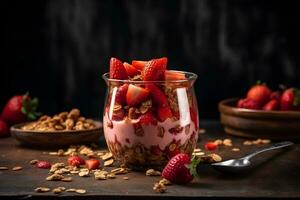 Strawberry yogurt granola parfait with sliced nuts and fresh strawberries berries in a glass jar on dark background. Generative AI. photo