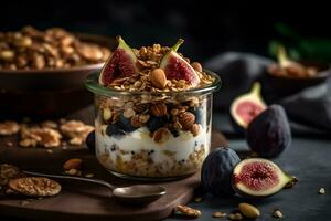 Yogurt granola parfait with sliced nuts and fresh figs fruits in a glass jar on dark background. Generative AI. photo