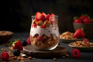 Strawberry yogurt granola parfait with sliced nuts and fresh strawberries berries in a glass jar on dark background. Generative AI. photo