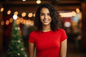 Young woman wearing bella canvas red shirt mockup, at festive christmas background. Design tshirt template, print presentation mock-up. AI Generative photo