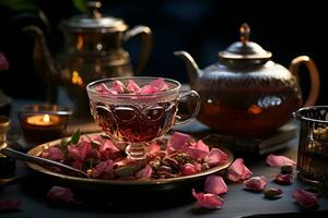 Cup of aromatic tea with fresh roses flowers on the table. Organic and natural, herbal hot healthy beverage. AI Generative photo