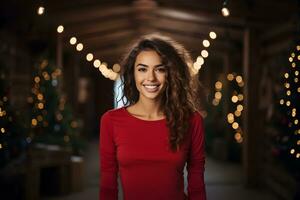 Young woman wearing bella canvas red shirt mockup, at festive christmas background. Design tshirt template, print presentation mock-up. AI Generative photo