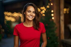 Young woman wearing bella canvas red shirt mockup, at festive christmas background. Design tshirt template, print presentation mock-up. AI Generative photo