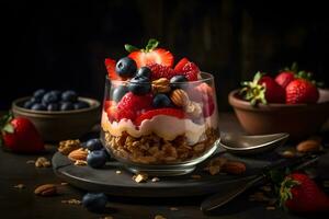 Yogurt granola parfait with sliced nuts, fresh strawberry, raspberry and blueberry in a glass jar on dark background. Generative AI. photo