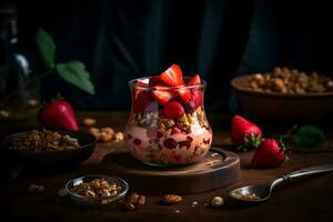 Strawberry yogurt granola parfait with sliced nuts and fresh strawberries berries in a glass jar on dark background. Generative AI. photo