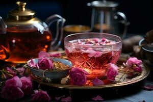 Cup of aromatic tea with fresh roses flowers on the table. Organic and natural, herbal hot healthy beverage. AI Generative photo
