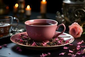 Cup of aromatic tea with fresh roses flowers on the table. Organic and natural, herbal hot healthy beverage. AI Generative photo