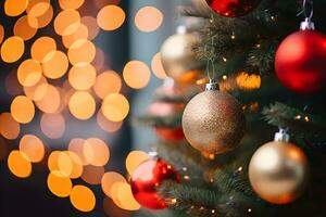 Close up of christmas tree with gold red balls with blurred lights background. Festive mockup with creative baubles decoration and copy space. AI Generative photo
