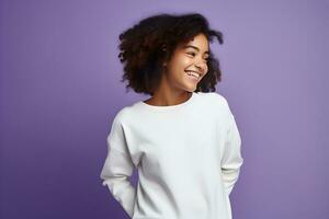 Young girl wearing white sweatshirt mockup, at purple background. Design pullover template, print presentation mock-up. Generated AI. photo