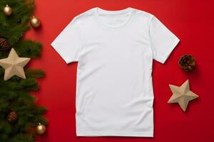 blanco camiseta Navidad Bosquejo con abeto árbol sucursales, conos y oro estrellas decoración en rojo antecedentes. diseño t camisa plantilla, impresión presentación burlarse de arriba. parte superior ver plano poner. ai generativo foto