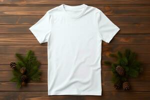 White womens t-shirt christmas mockup with fir tree branches on wooden background. Design t shirt template, print presentation mock up. Top view flat lay. AI Generative photo