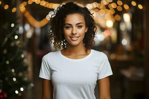 Young woman wearing bella canvas white shirt mockup, at festive christmas background. Design tshirt template, print presentation mock-up. AI Generative photo