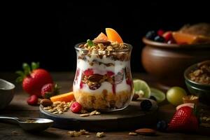 Fresh yogurt granola parfait with sliced nuts, fresh strawberry, raspberry and mango fruits in a glass jar on dark background. Generative AI. photo