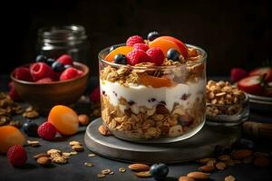 Fresh yogurt granola parfait with sliced nuts, fresh raspberry, blueberry and apricot fruits in a glass jar on dark background. AI Generative photo