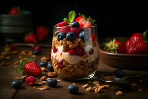 Yogurt granola parfait with sliced nuts, fresh strawberry, raspberry and blueberry in a glass jar on dark background. AI Generative photo