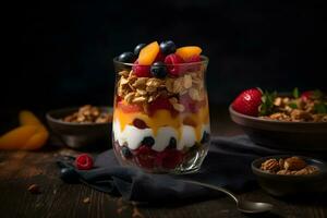 Fresh yogurt granola parfait with sliced nuts, fresh strawberry, raspberry, blueberry and mango fruits in a glass jar on dark background. AI Generative photo