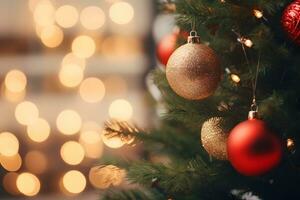 Close up of christmas tree with gold red balls on blurred lights bokeh background. Festive mockup with creative baubles decoration and copy space. AI Generative photo