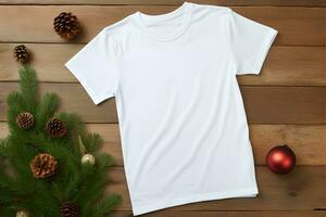 White t-shirt christmas mockup with fir tree branches, cones and balls decoration on wooden background. Design t shirt template, print presentation mock up. Top view flat lay. AI Generative photo