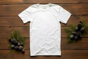 White t-shirt christmas mockup with fir tree branches and cones on wooden background. Design t shirt template, print presentation mock up. Top view flat lay. AI Generative photo