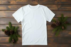 blanco De las mujeres camiseta Navidad Bosquejo con abeto árbol ramas en de madera antecedentes. diseño t camisa plantilla, impresión presentación burlarse de arriba. parte superior ver plano poner. ai generativo foto