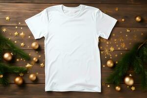 White t-shirt christmas mockup with fir tree branches, cones and balls decoration on wooden background. Design t shirt template, print presentation mock up. Top view flat lay. AI Generative photo