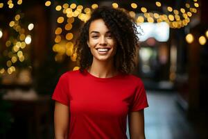 Young woman wearing bella canvas red shirt mockup, at festive christmas background. Design tshirt template, print presentation mock-up. AI Generative photo