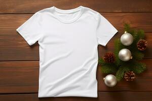 blanco camiseta Navidad Bosquejo con abeto árbol sucursales, conos y pelotas decoración en de madera antecedentes. diseño t camisa plantilla, impresión presentación burlarse de arriba. parte superior ver plano poner. ai generativo foto