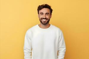 Young man wearing white sweatshirt mockup, at yellow background. Design pullover template, print presentation mock-up. AI Generative photo