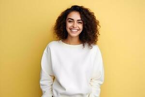 Young woman wearing white sweatshirt mockup, at yellow background. Design pullover template, print presentation mock-up. AI Generative photo