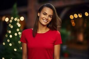 Young woman wearing bella canvas red shirt mockup, at festive christmas background. Design tshirt template, print presentation mock-up. AI Generative photo