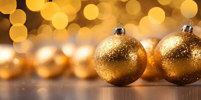 Christmas sparkling gold balls with blurred lights background. Festive banner mockup with creative baubles decoration and copy space. AI Generative photo