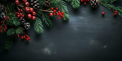 Navidad plano laico Bosquejo bandera con pino árbol sucursales, rojo bayas y conos en oscuro de madera antecedentes con Copiar espacio. parte superior ver de invierno fiesta concepto composición. ai generativo foto