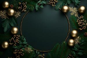 Christmas round blank mockup with pine tree branches and decoration on black background. Top view of empty sign board flat lay with gold decor and copy space. AI Generative photo