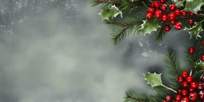 Navidad plano laico Bosquejo bandera con abeto árbol sucursales, acebo y rojo bayas en oscuro antecedentes con Copiar espacio. parte superior ver de invierno fiesta concepto composición. ai generativo foto