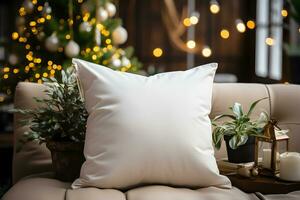 Blank white pillow mockup on leather sofa with christmas tree and lights bokeh background. Holiday template composition with decoration. Copy space. AI Generative photo