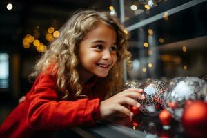 alegre joven niña elige decoración para el Navidad árbol. Navidad atmósfera a acogedor hogar interior. ai generativo foto