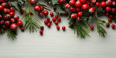 Christmas flat lay mockup banner with fir tree branches and red berries on white wooden background with copy space. Top view of winter holiday concept composition. AI Generative photo