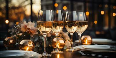 Champagne glasses on festive table with gold glowing bokeh background. Celebration background banner with sparkling wine. AI Generative photo