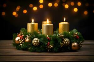 Four gold burning candles for german advent season. Christmas wreath decoration on dark festive background. AI Generative photo