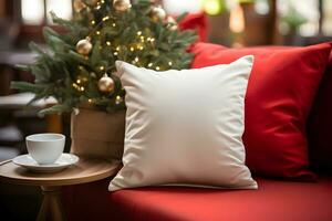 Blank white pillow mockup on red sofa with christmas tree and lights bokeh background. Holiday template composition with decoration. Copy space. AI Generative photo