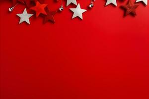 Navidad plano laico Bosquejo con brillante estrellas decoración en rojo antecedentes con Copiar espacio. parte superior ver de invierno fiesta concepto composición. ai generativo foto